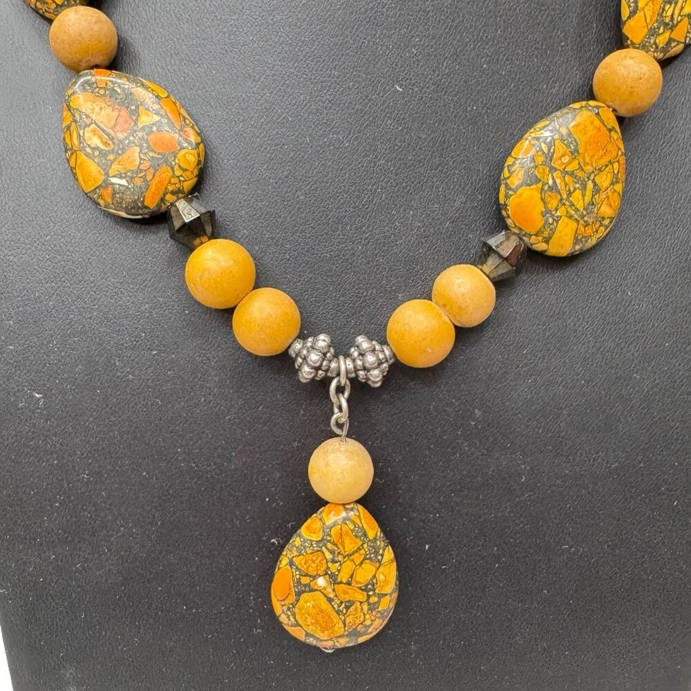 Handmade Orange Jasper Mosaic Black Beaded Necklace Teardrop Pendant Statement